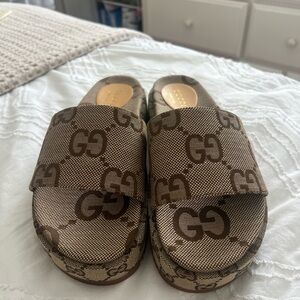 Gucci Beige and Brown GG Canvas Slide Sandals